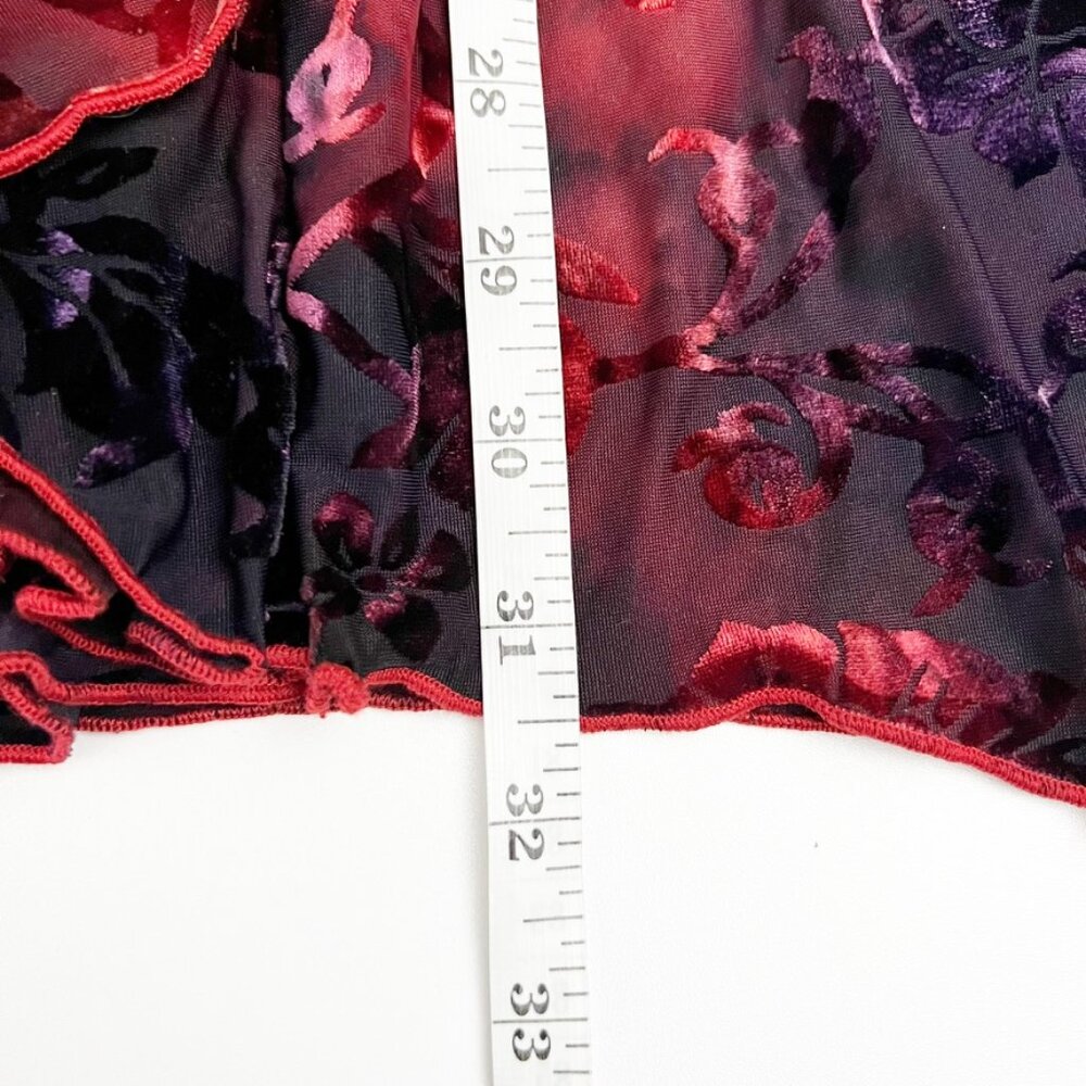 Snoskins Blouse Womens Large Black Red Purple Sheer Velvet Burnout Floral Ruffle - Picture 8 of 11